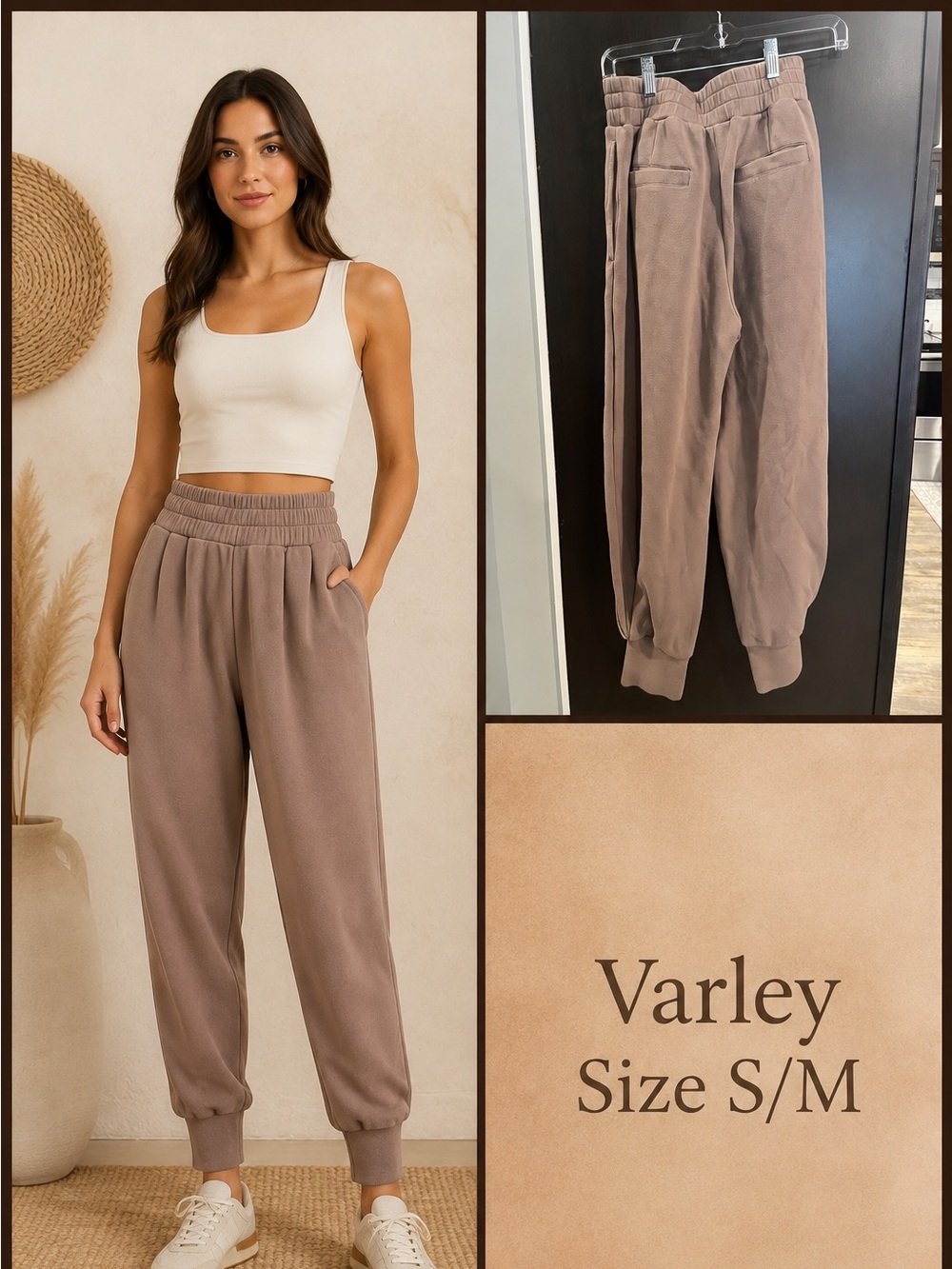 Varley Taupe High-Rise Smocked Waist Joggers
